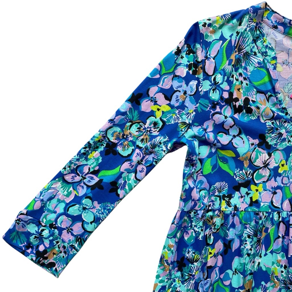 đź’™Lilly Pulitzer Alaina 3/4 Sleeve Tiered Swing Dress Blue Grotto Twilight Tropic - Picture 6 of 15